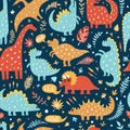 Seamless pattern of cute dinosaurs with tropical leaves. Hand drawn vector illustration. Cute dino design for kids. Royalty Free Stock Photo